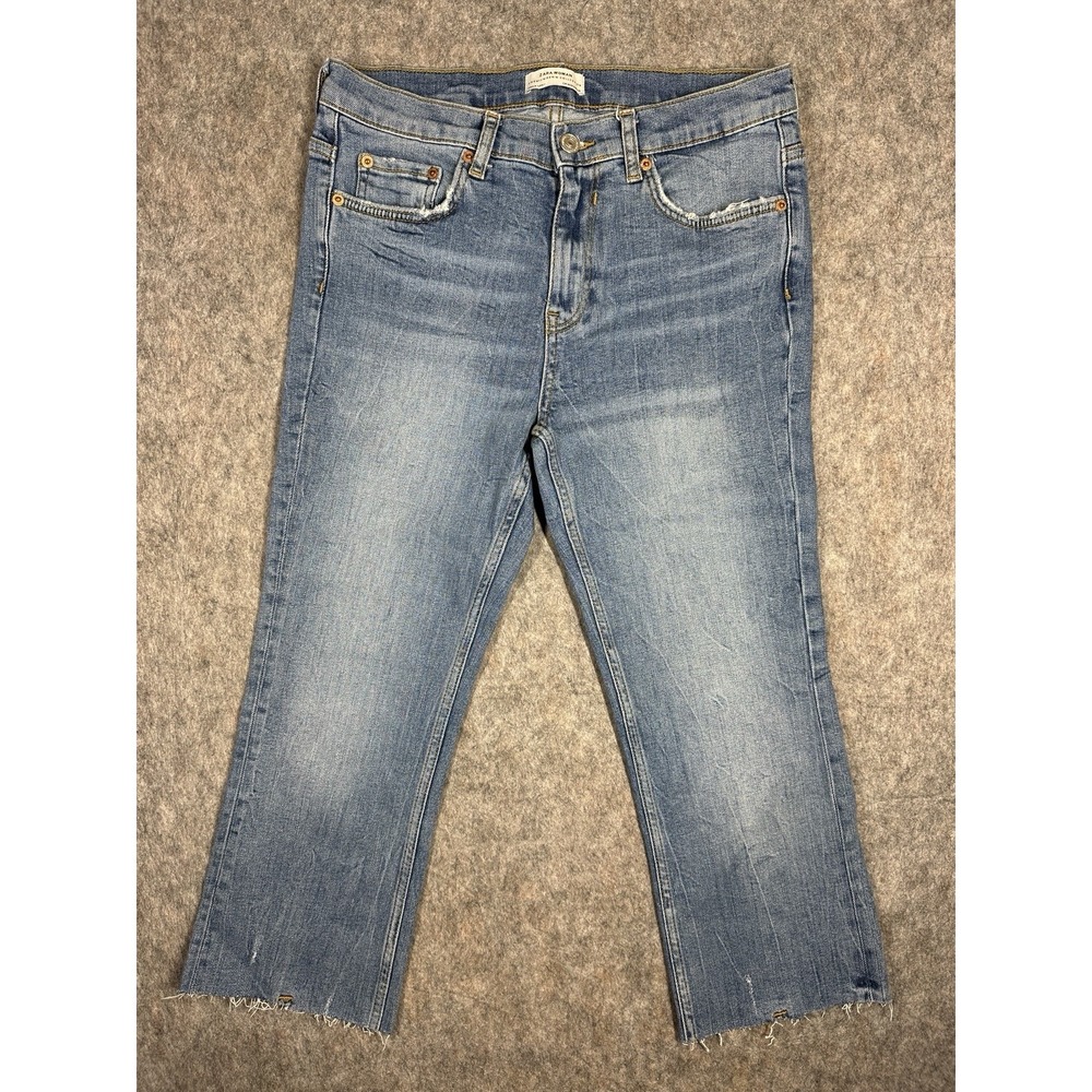 Zara Woman Premium Denim Collection Raw Hem Crop Jeans Blue Size 6 EUR 38